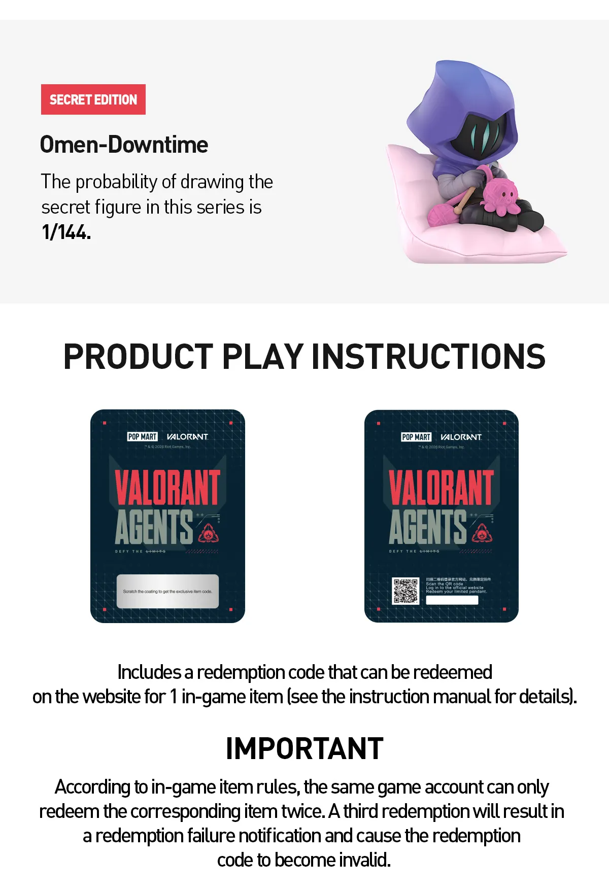 Promotional graphic for the Omen-Downtime Secret Edition from Valorant Agents, featuring a purple hooded character on a pink cushion and two product package mockups with redemption instructions.