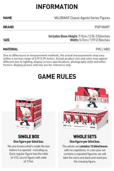 A printed informational card for Pop Mart Valorant Classic Agents Series Figures, showing product details like name, brand, size, and material, plus game rules and example box openings for single box and whole sets.