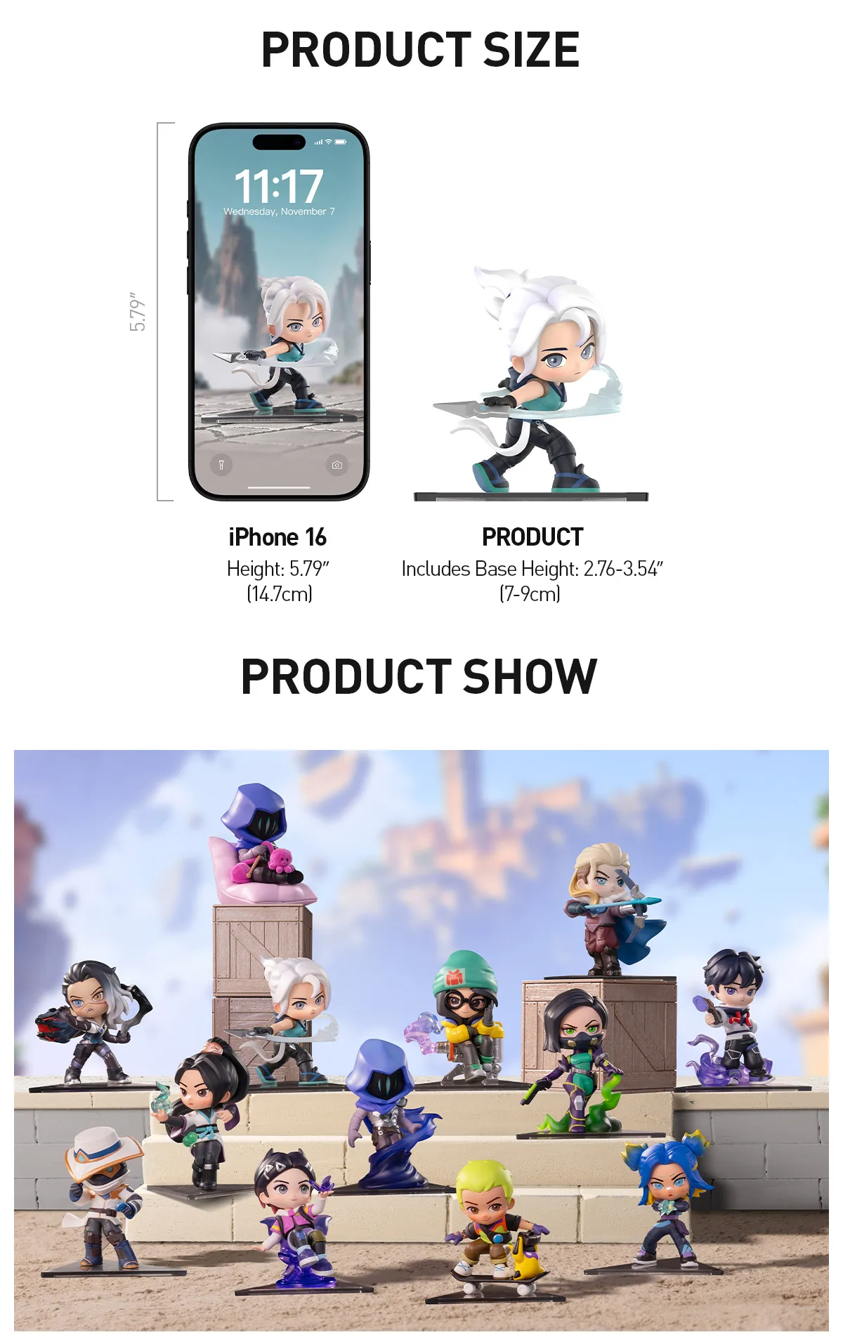 Product size and display comparison graphic for a set of small anime-style action figure collectibles. The top section shows the figures' dimensions next to a smartphone and a single figure, with text indicating product height and iPhone 16 height comparison.