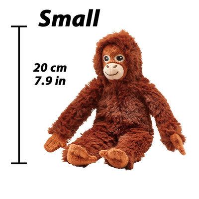 Brown plush baby monkey toy, large eyes, smiling face, arms outstretched.