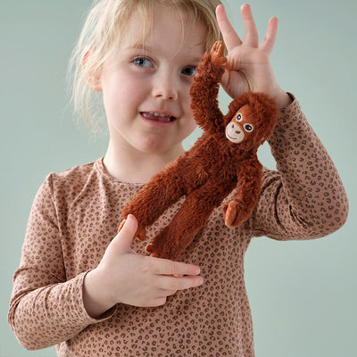 Brown plush baby monkey in toddler's hands, face visible with one arm raised.