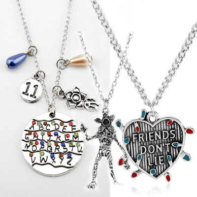 Stranger Things Inspired 4-Piece Jewelry Collection: Alphabet Wall, Demogorgon & "Friends Don't Lie" Charms