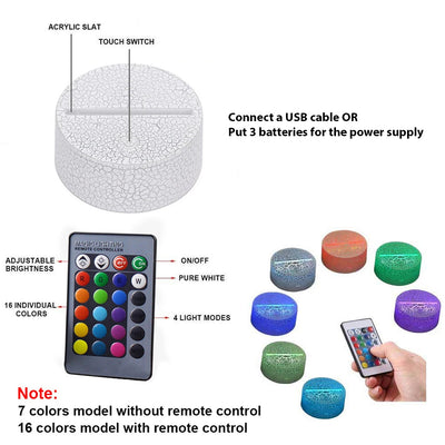 Round acrylic LED light with touch switch, USB power, remote control, and multicolor modes