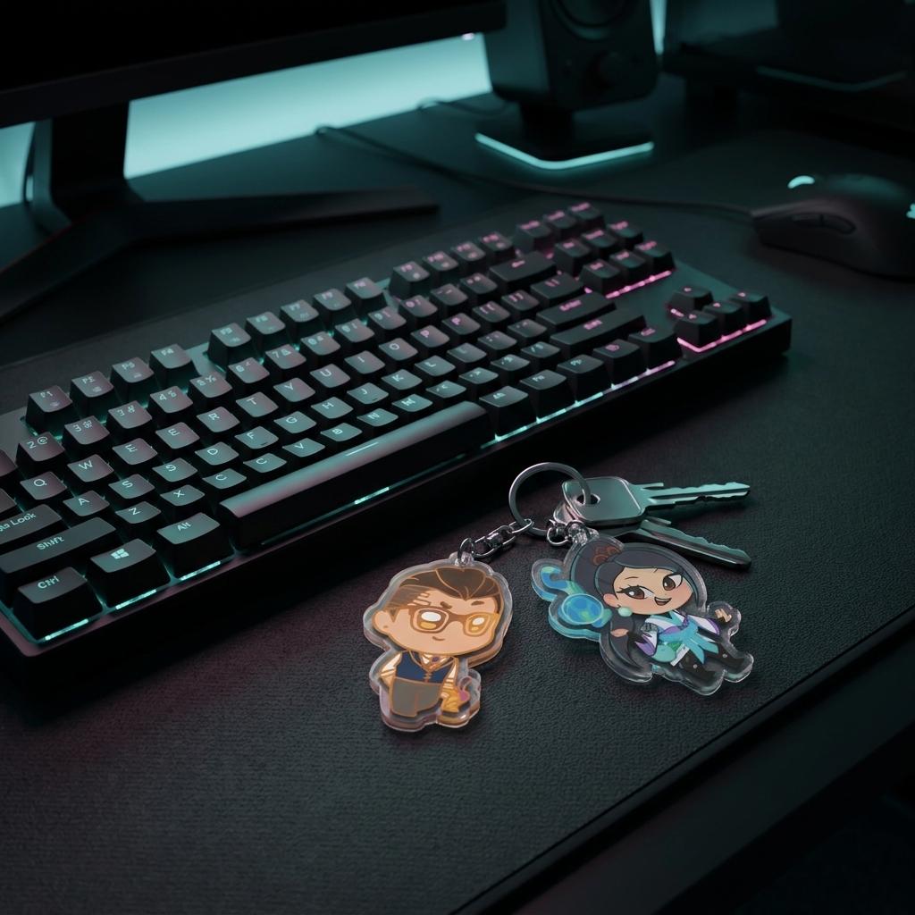 Valorant chibi acrylic keychain with two character charms, keyring and clips