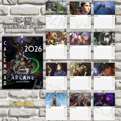 2026 wall calendar collage with multiple months and character artwork pages