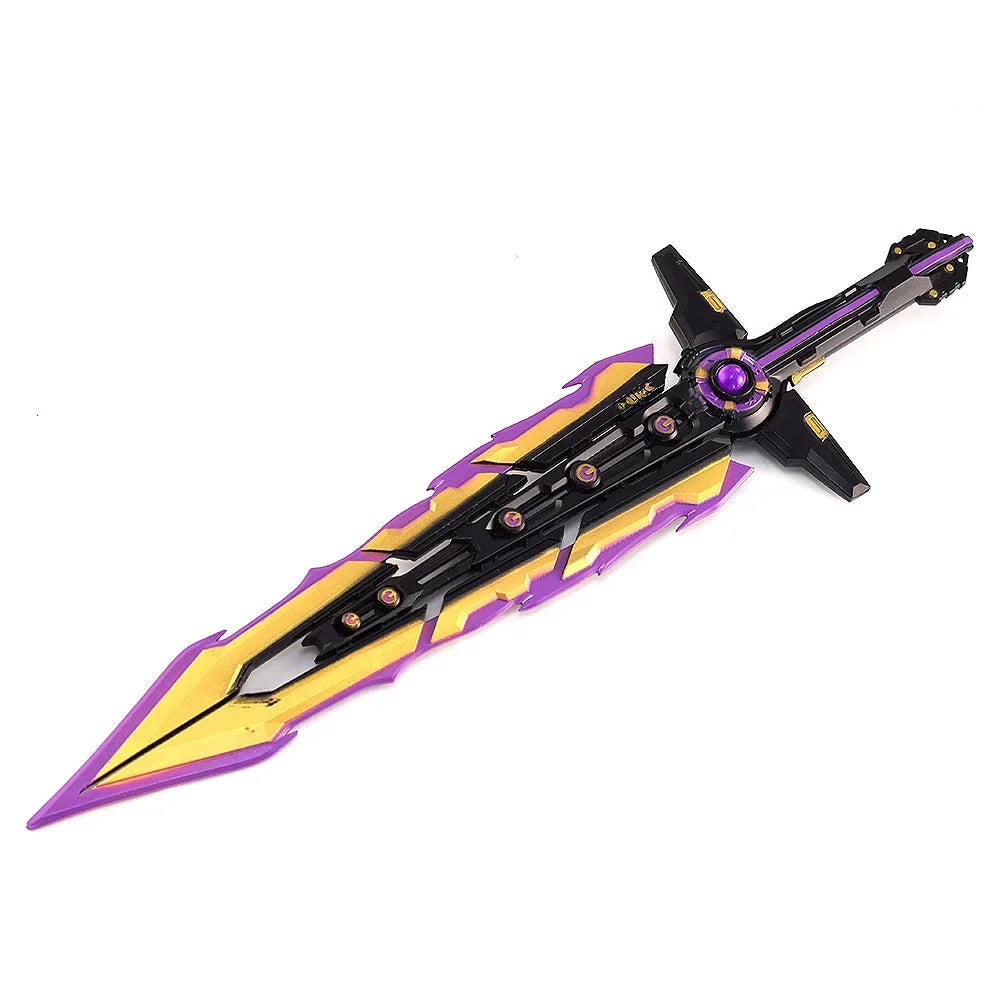 Toy blade replica with black body and purple-gold camo pattern, full length