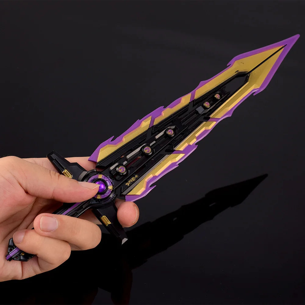 Chaos Blade toy replica held in hand, black frame with purple and gold accents