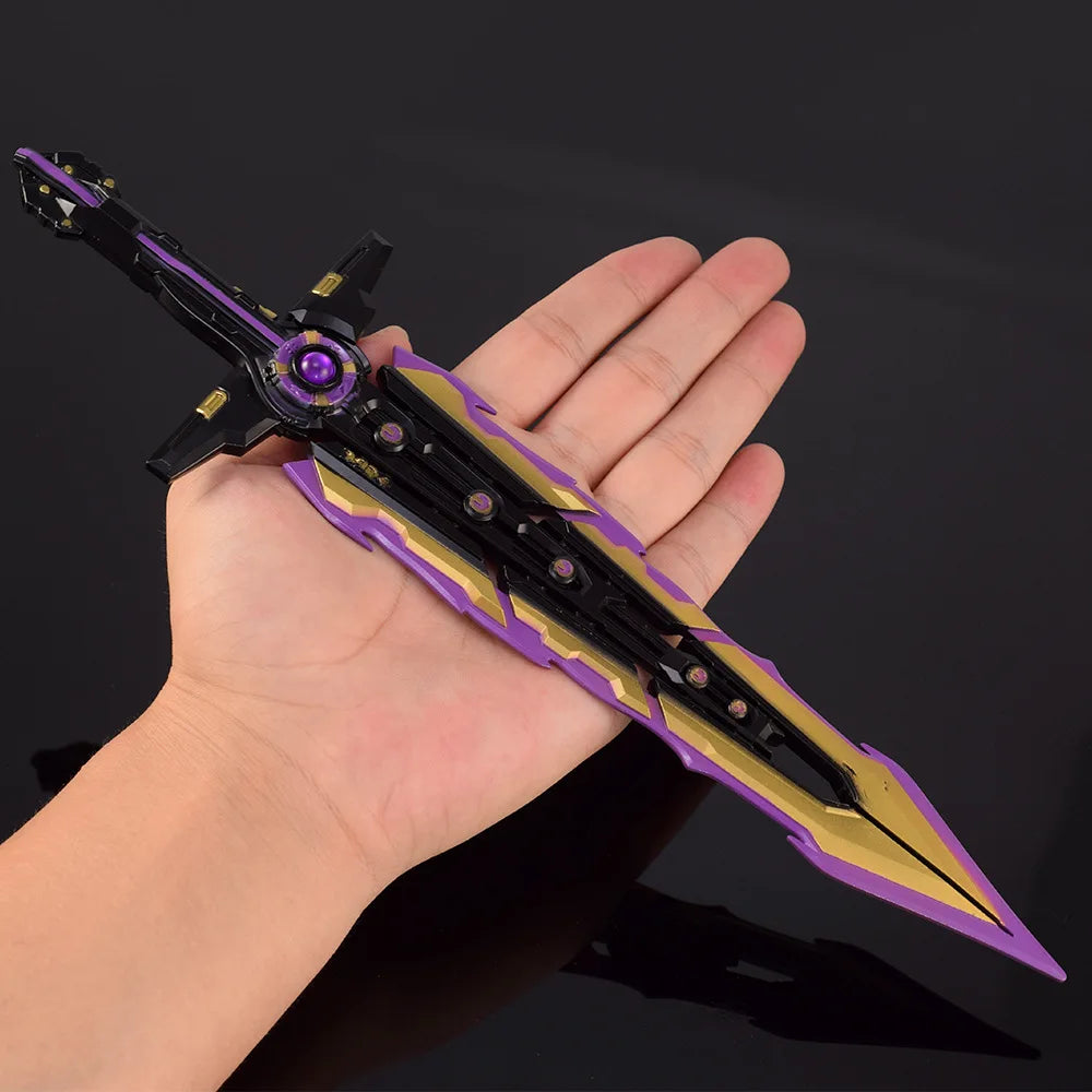 Chaos Blade toy replica resting in open palm, purple center disk and black-gold accents
