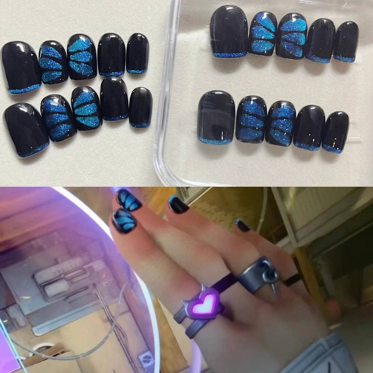 Set of press-on false nails in dark navy with blue butterfly glitter pattern