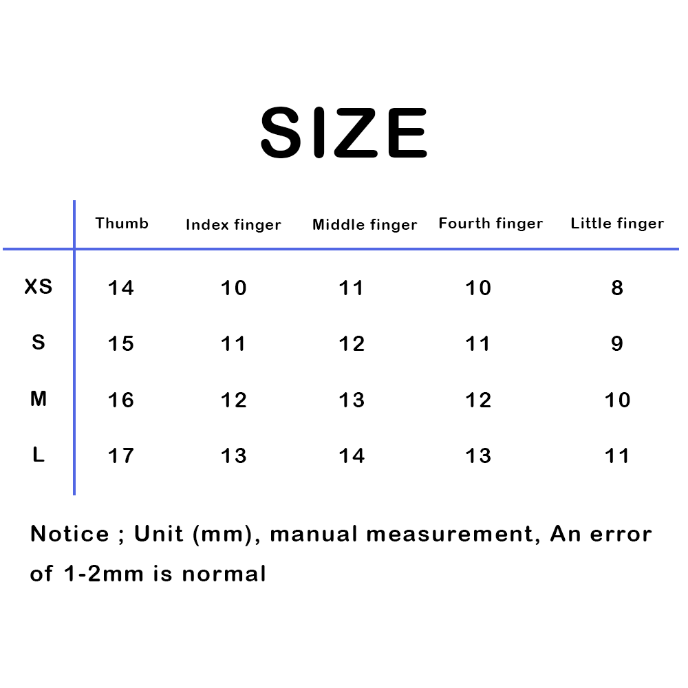 False nail size chart (mm) for thumb and fingers, XS–L