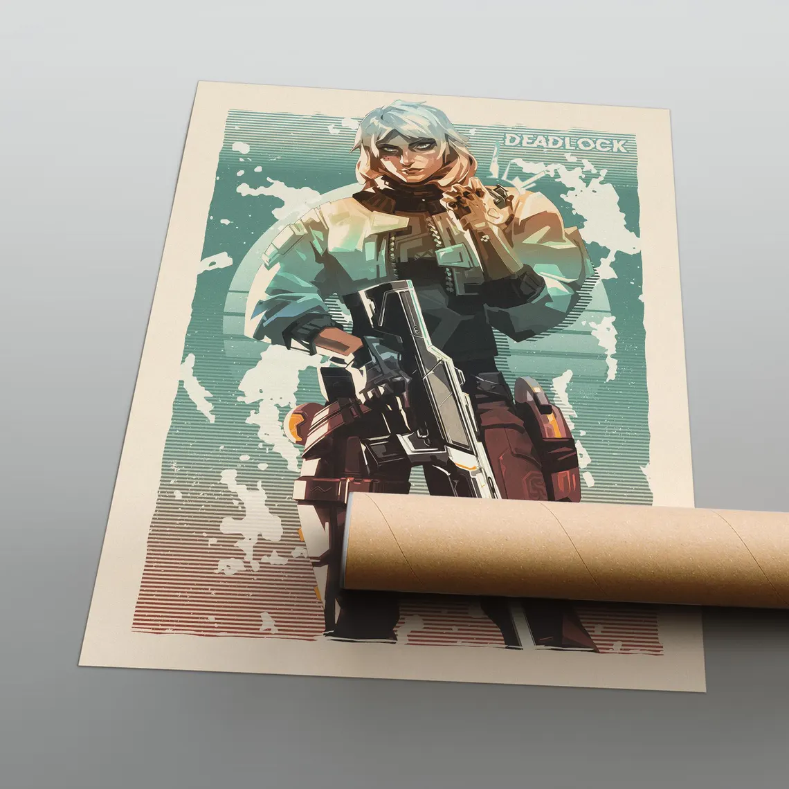 Deadlock Valorant vintage poster with rifle character; rolled with beige border