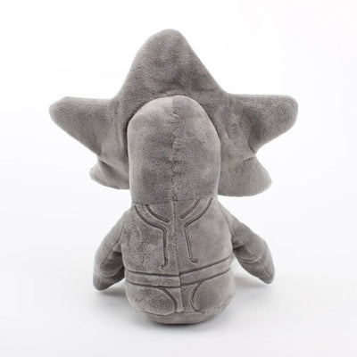 Gray plush character doll, back view with textured hood and torso seam lines