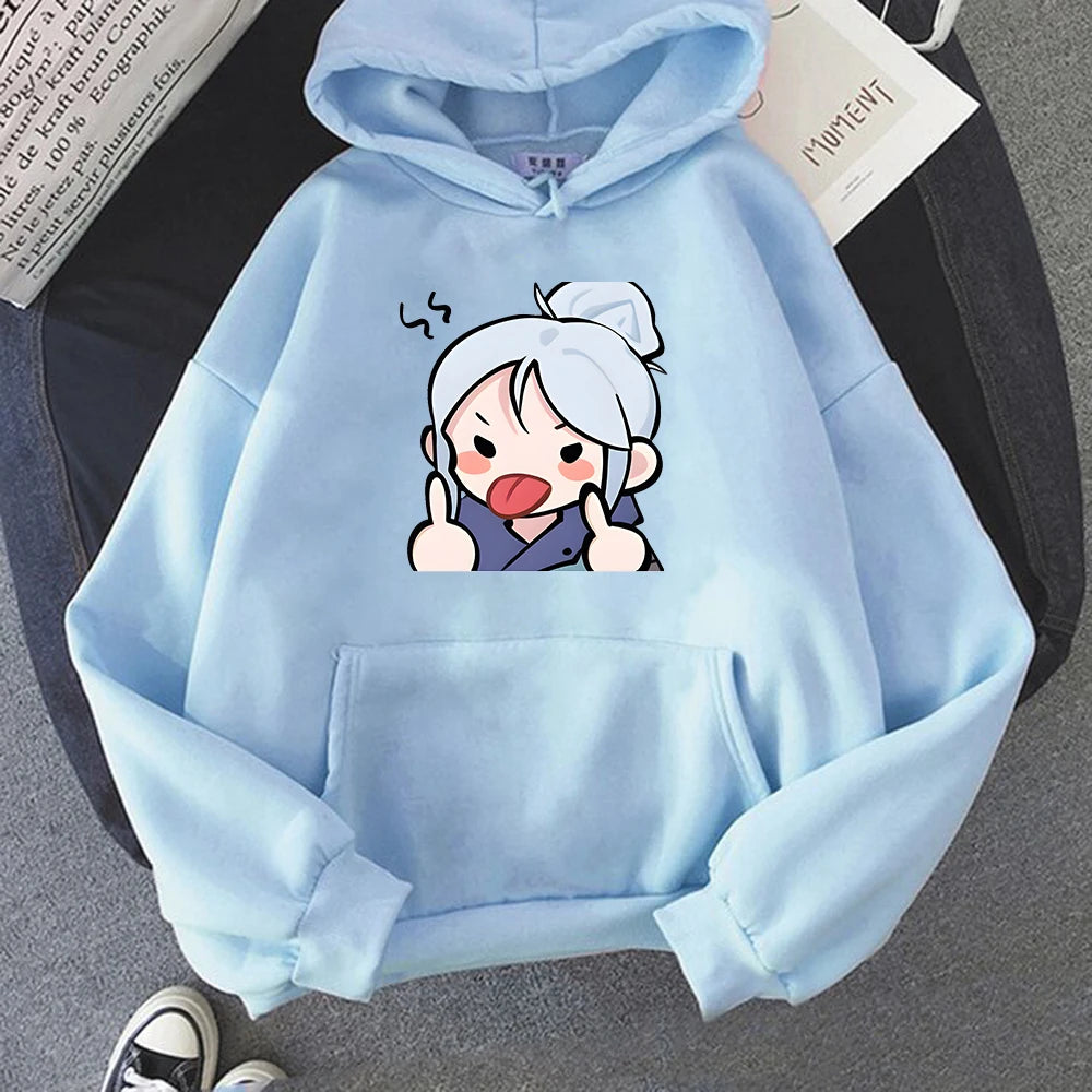 Light blue hoodie with cartoon graphic, pullover hood and front kangaroo pocket