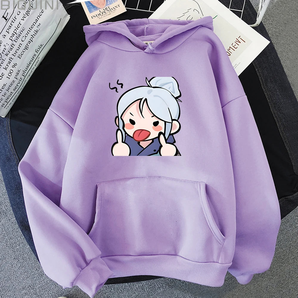 Purple hoodie with cartoon graphic, pullover hood and front kangaroo pocket