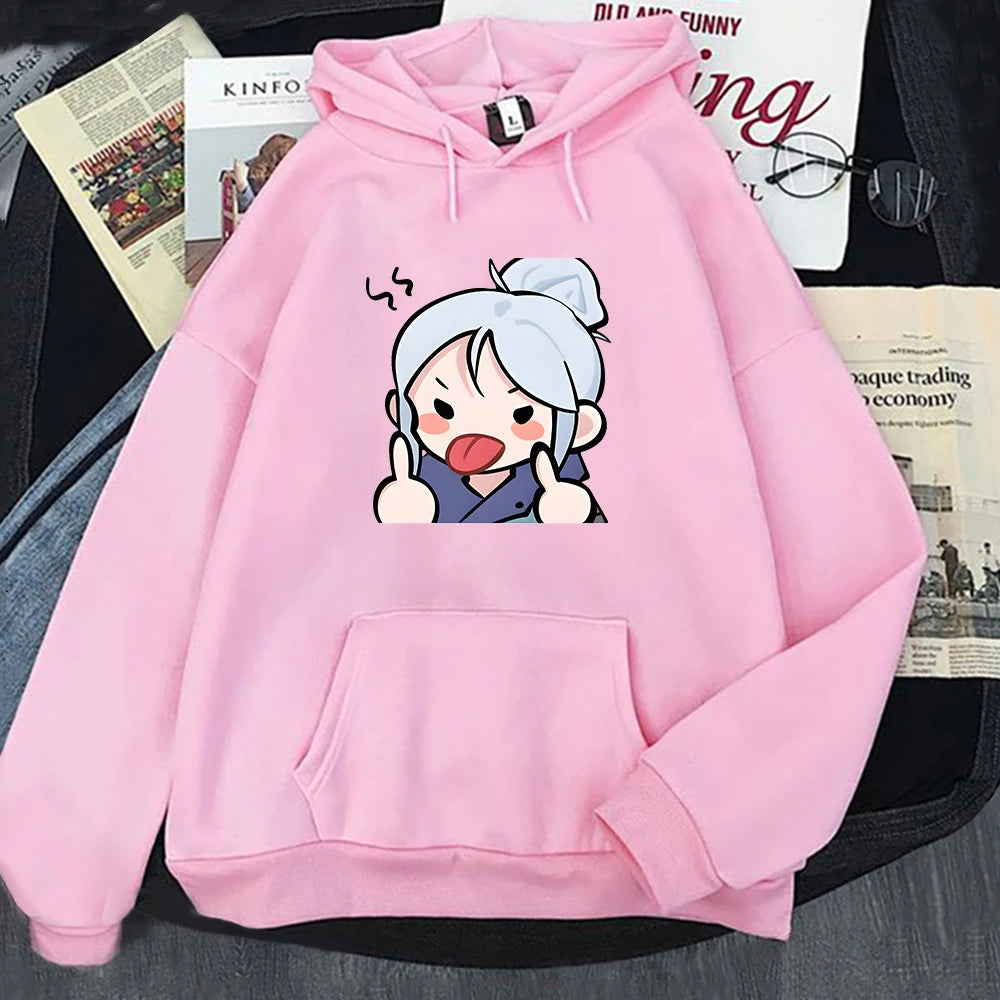 Pink hoodie with cartoon graphic, pullover hood and front kangaroo pocket
