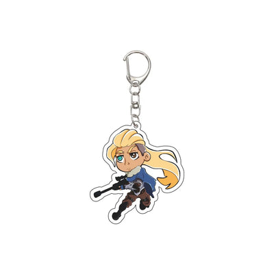 Acrylic keychain charm with cartoon agent holding a rifle, blonde hair and blue outfit