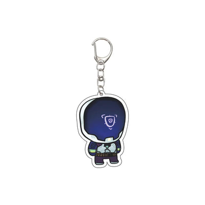 Acrylic keychain charm with chibi head and small body, dark blue and white outline