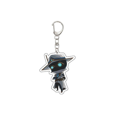 Acrylic cartoon character keychain with blue glowing eyes and silver clasp chain