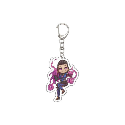 Acrylic cartoon character keychain with pink accents, pose graphic, and silver clasp