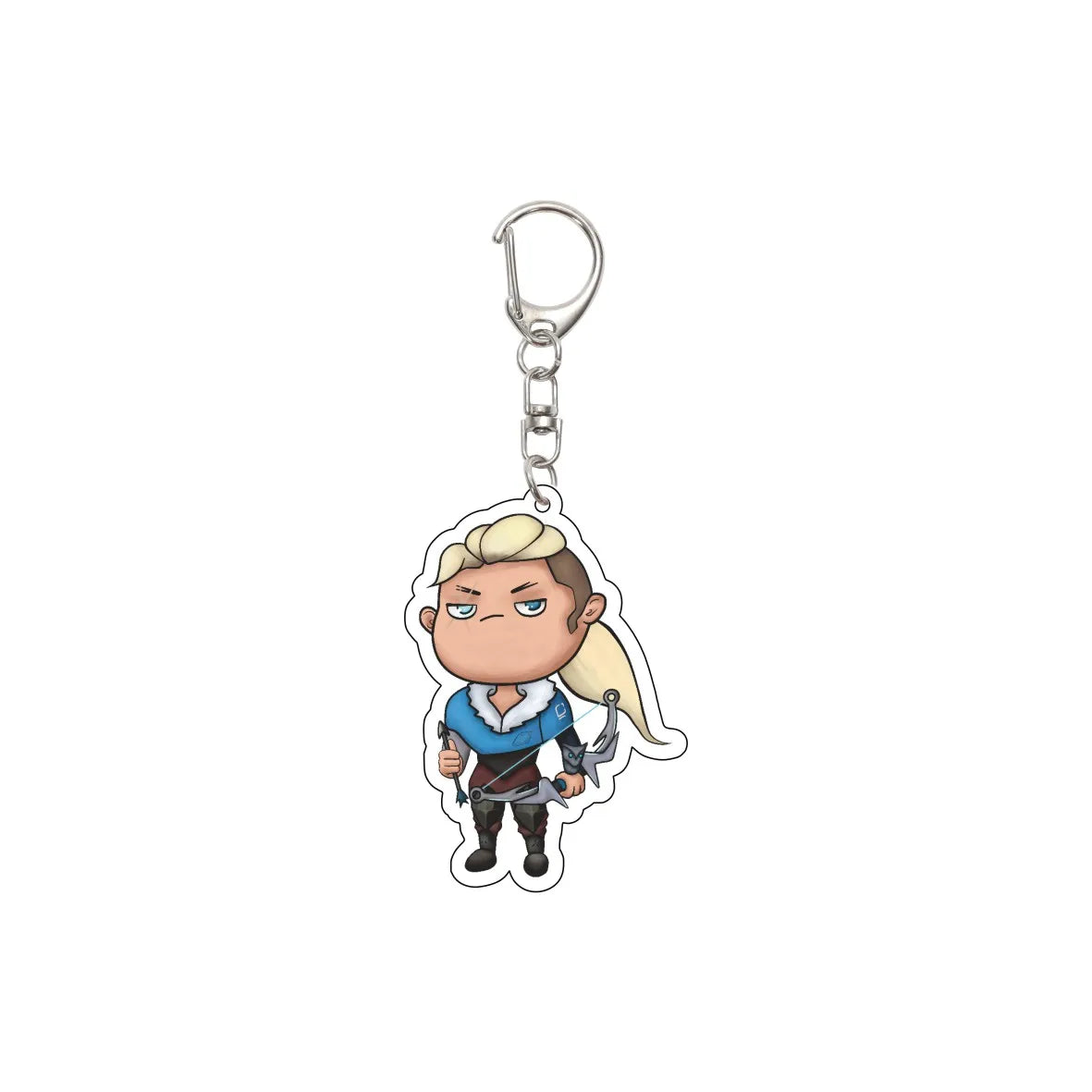 Acrylic cartoon character keychain with white hair, blue outfit, and silver clasp
