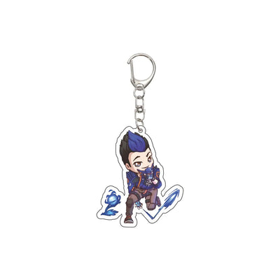 Acrylic keychain charm with cartoon agent in blue hood, holding a round device