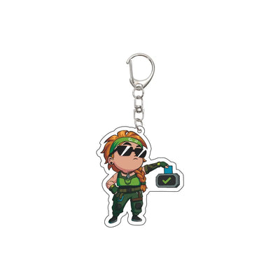 Acrylic keychain charm with cartoon agent holding a device, green and orange