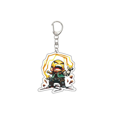 Acrylic keychain charm with cartoon agent holding a light gun, yellow and teal