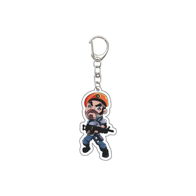 Acrylic keychain charm with cartoon agent in orange beanie, holding a rifle