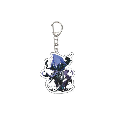 Acrylic keychain charm with cartoon agent in dark purple cloak, holding a weapon
