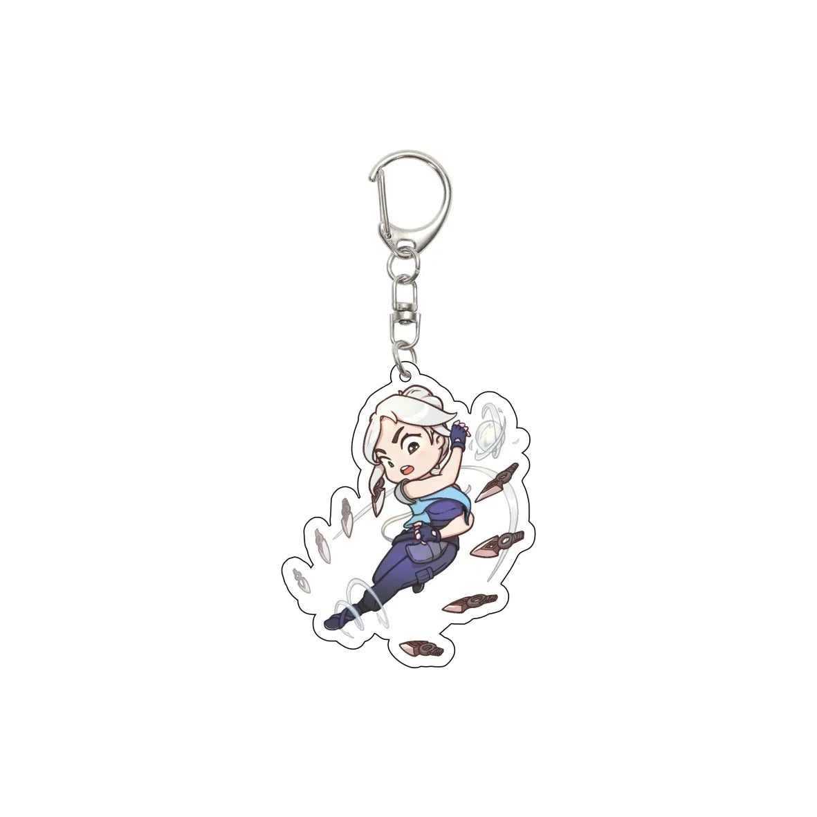 Acrylic keychain charm with cartoon agent in white hair, pointing with a pistol