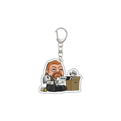 Acrylic keychain charm with cartoon agent holding a box, brown hair and gray armor