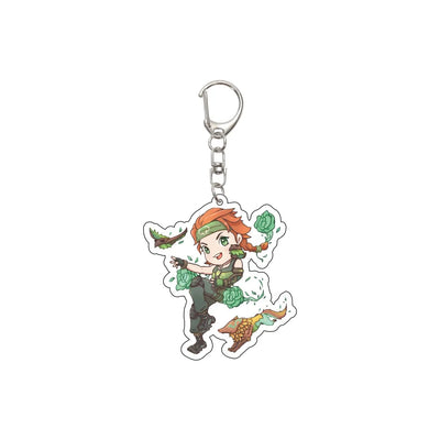Acrylic keychain charm with cartoon agent tossing green energy, green and orange
