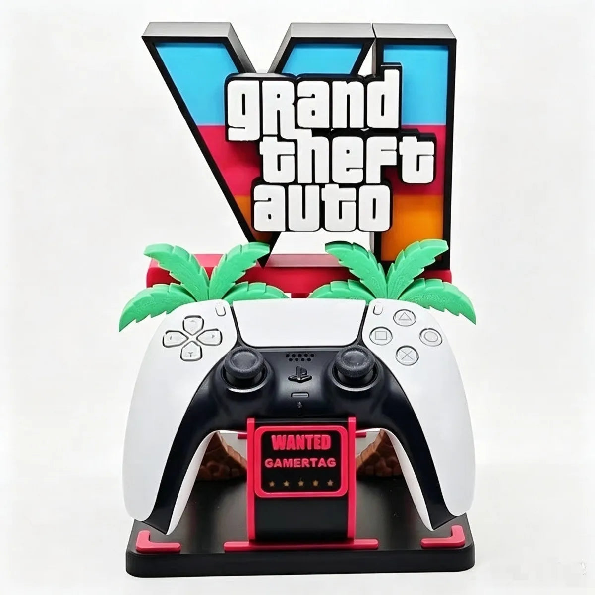 Gaming controller holder ornament with black controller on dark base, green palm details, “Wanted” card