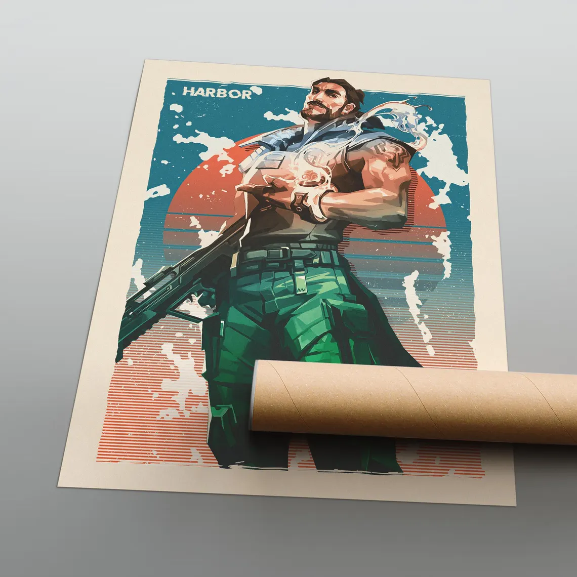 Vintage pop poster with Harbor logo, character holding gun, teal and orange retro art