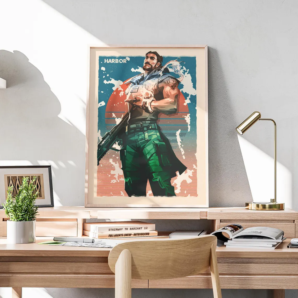 Framed vintage pop poster featuring Harbor character holding a gun on teal and orange art