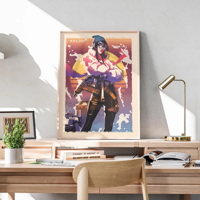 Framed vintage poster of Killjoy character with rifle on colorful abstract background