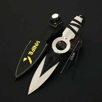 Kunai knife keychain set with black sheath, silver ring, and white double-blade