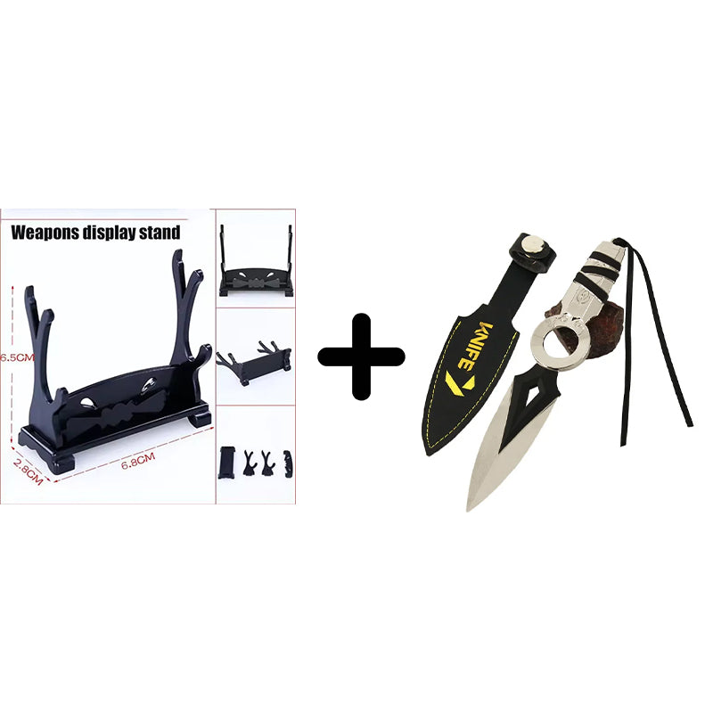 Kunai knife keychain with weapons display stand and included accessories set