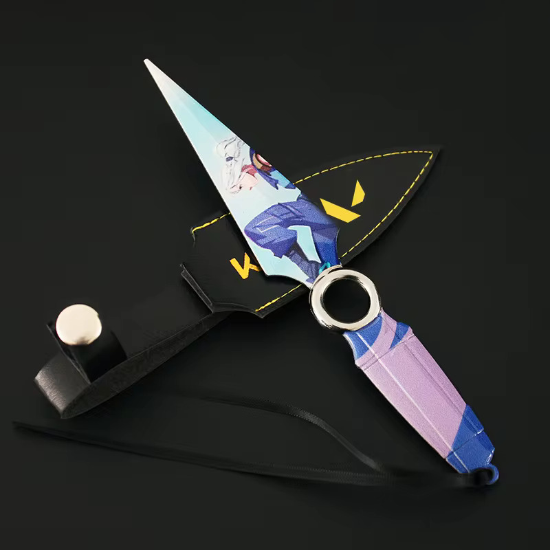 Kunai knife prop with light-blue blade, purple-blue grip, black sheath, and round metal ring