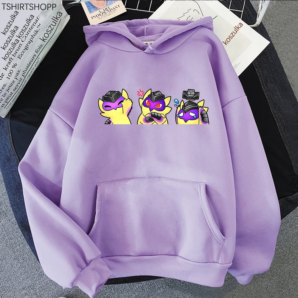 Purple hoodie with front kangaroo pocket, hood, and colorful wingman graphic print