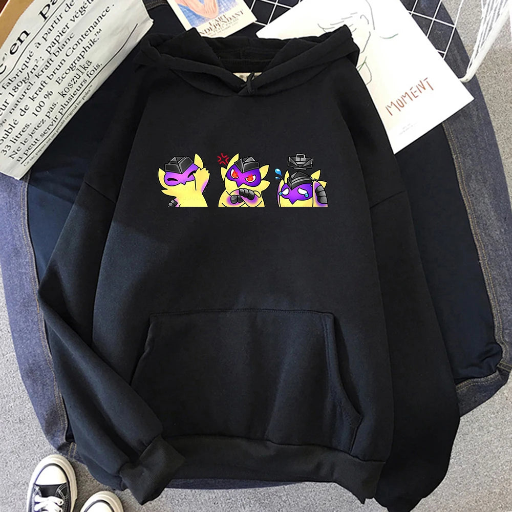 Black hoodie with front kangaroo pocket, hood, and colorful wingman graphic print