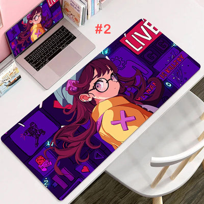 Rectangular purple cartoon mouse pad with anime-style character and doodle icons