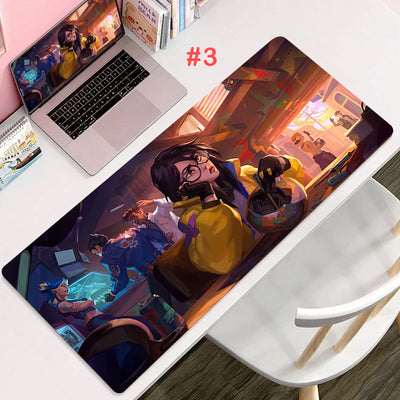 Gaming mouse pad with orange sunset city scene and anime character with weapon