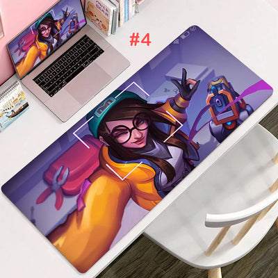 Gaming mouse pad with orange-clad anime character wearing glasses and neon shapes