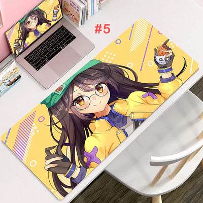 Gaming mouse pad with yellow cartoon character and anime girl with glasses