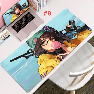 Gaming mouse pad with blue sky artwork and yellow-shirt anime character with rifle