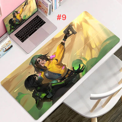 Gaming mouse pad with yellow-green anime character holding a gun and scenic background