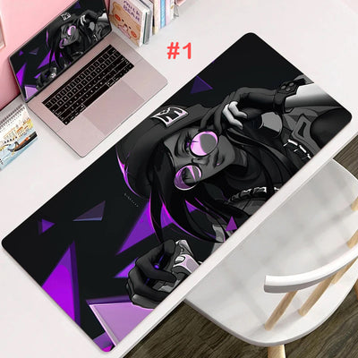 Gaming mouse pad with dark anime character artwork and purple geometric accents