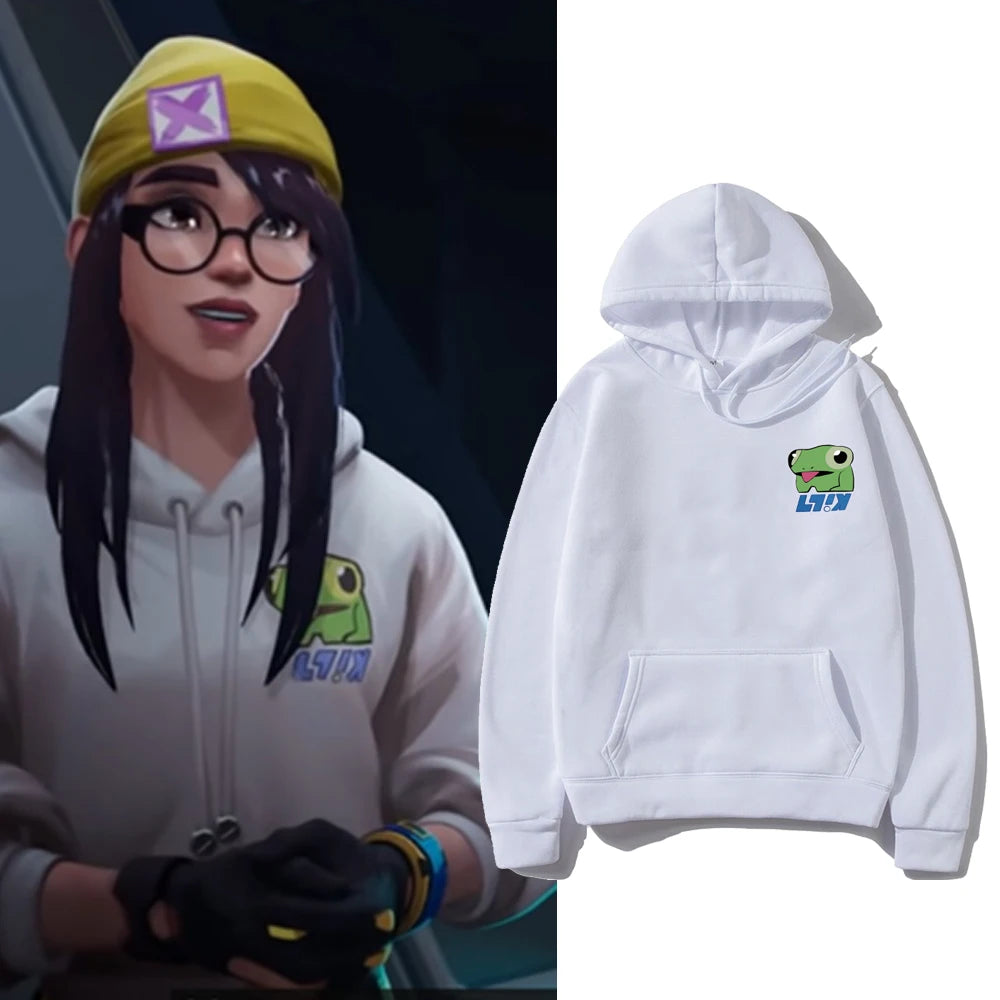 White pullover hoodie with kangaroo pocket and green frog logo on chest.