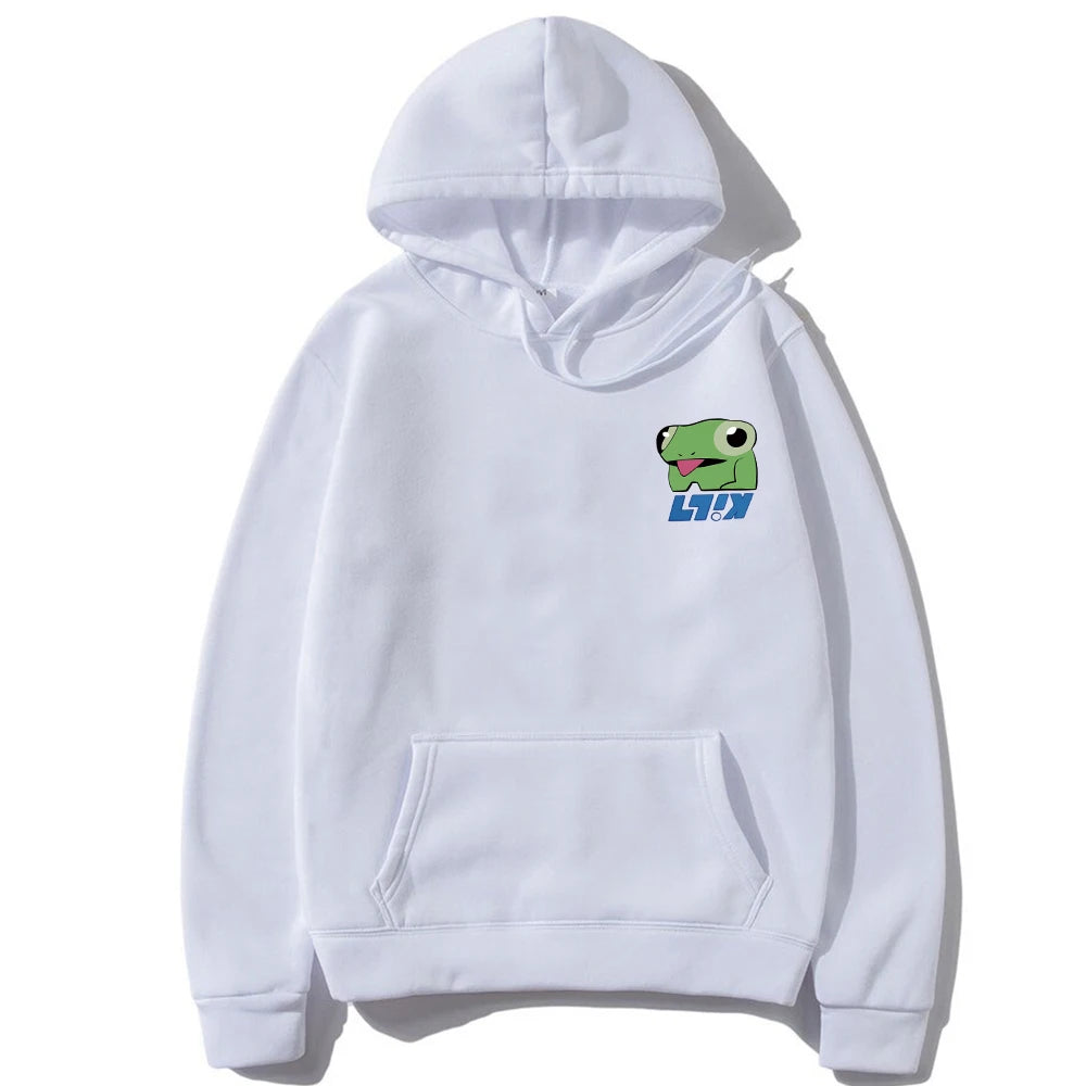 White pullover hoodie with kangaroo pocket and green frog logo on chest.